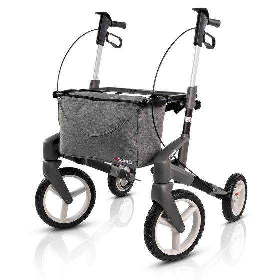 Image of the TOPRO Olympos ATR rullator with off-road wheels, black coloured in size medium. Viewed obliquely from the front.
